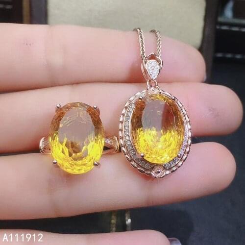 KJJEAXCMY fine jewelry Citrine 925 sterling silver women pendant necklace chain ring set classic