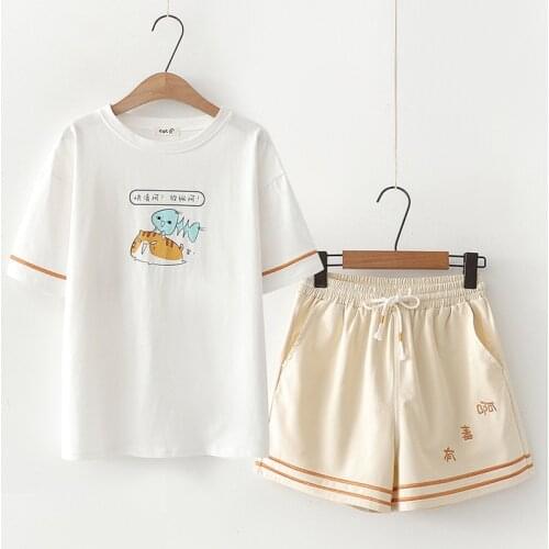 Summer Two Piece Set Women 2021 Cartoon Print White T Shirts And Letter Embroidery Pockets Elastic Waist Shorts Harakuju Sets