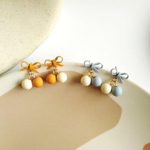 Korean Trendy Bow-knot Golden Color Metal Circle Ball Cute Statement Drop Earrings for Women
