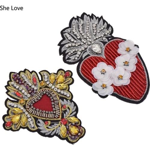 Chzimade Rhinestone Heart Beaded Patch Sew On Embroidery Coat Jacket Jeans Decoration Motifs Applique