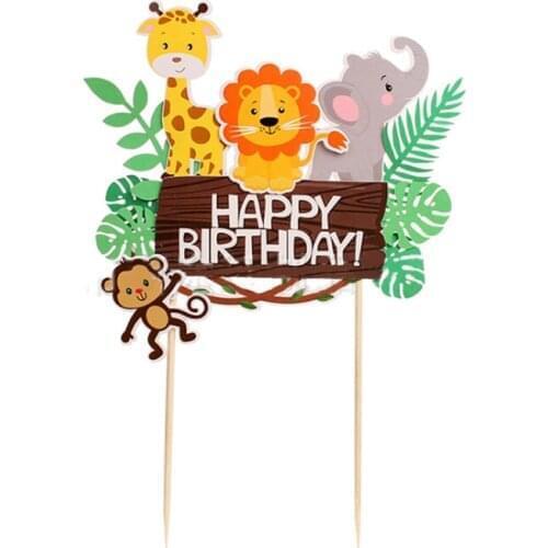 Woodland Amimals Party Happy Birthday Cake Decor Jungle Safari Party Forest Lion Monkey Party Kid One 1st Birthday Party Suplies