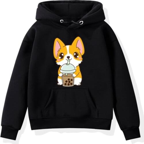 The Cute Corgi Panda Cat Drinks Milk Tea Hoodie Toddler Kids Baby Kawaii Cartoon Sweatshirts Harajuku Children Warm Pullover