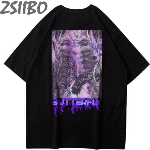 Oversize Mens tshirt Purple Butterfly Letter Print Hip Hop Unisex Short Sleeve Casual T Shirt Harajuku Cotton T-Shirt Women Tops