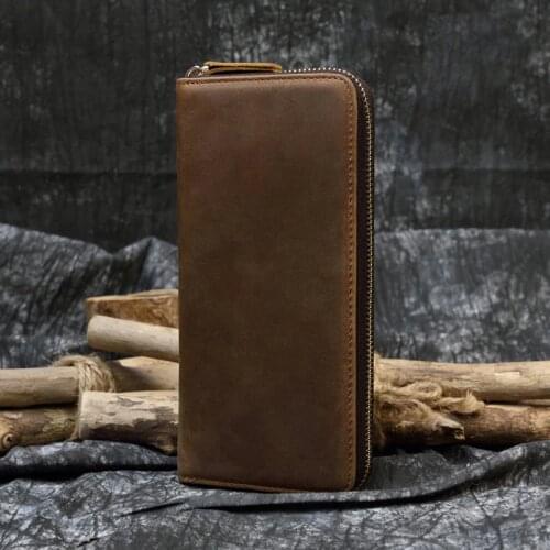 Mens crazy horse Leather long wallet Zip around genuine leather wallet Phone case purse with coin pocket 4 interlayer pocket