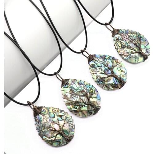 Wholesale latest fashion handmade abalone shell copper wire tree shape pendant leather rope necklace 18