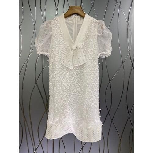 Sequined Embroidery Dress 2021 Summer Women V-Neck Bow Deco Short Sleeve Elegant Party White Black Straight Dress Luxury Ladies