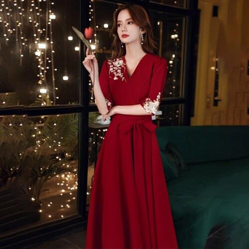 Special Occasion Dresses Vintage V-Neck Half Embroidery Bow A-Line Luxury Burgundy Zipper Fashion Elegant Women Prom Gown E883