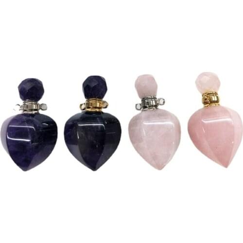 Natural Rose Quartz Amethysts Perfume bottle Faceted Stone Diffuser Pointed Prism Vial Rotatable Gold Eletroplated Charm Pendant