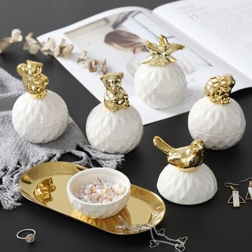 Nordic Golden Bird Jewelry Storage Box Ceramic With Cover Stud Ring Makeup Organizer Wedding Candy Box Dressing Table Decoration