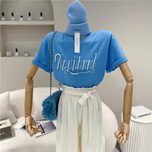 2021 Spring and Summer Womens Loose Large Size Cotton Round Neck Letter Heavy Beaded Half-sleeved T-shirt Top Shirts for Women