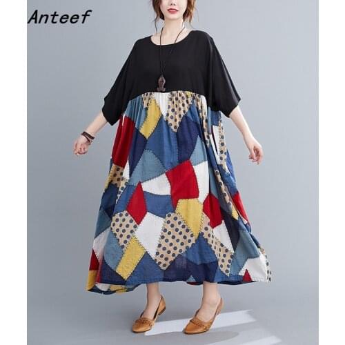 Cotton linen oversize plus size vintage patchwork for women casual loose long summer dress elegant clothes 2021 ladies dresses