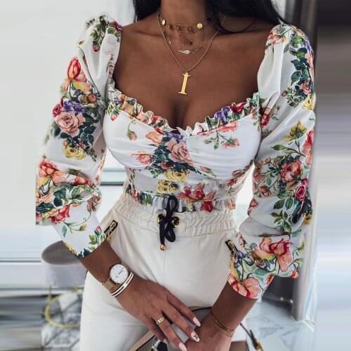 Womens Sexy Crop Top Elegant Long Puff Sleeve Square Neck Lace Ruffle Trim Floral Print Blouses Shirt Slim Fit Camisas De Mujer
