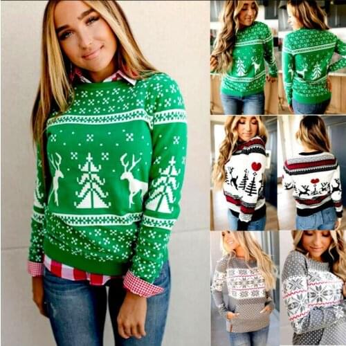 Women Long Sleeve Christmas Sweater Xmas Deer Striped Printed Office Ladies Jumper Winter Pullover
