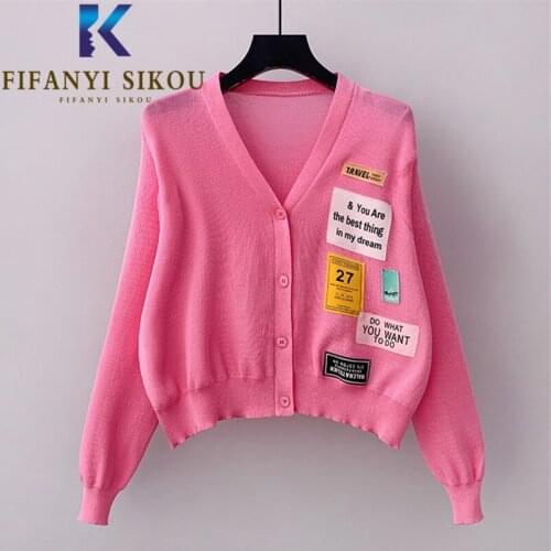 Knitted Sweater Jacket Women 2021 Spring Summer Cardigan Short Coat Letter Print Fashion V-Neck Long Sleeve Loose Sweater Female