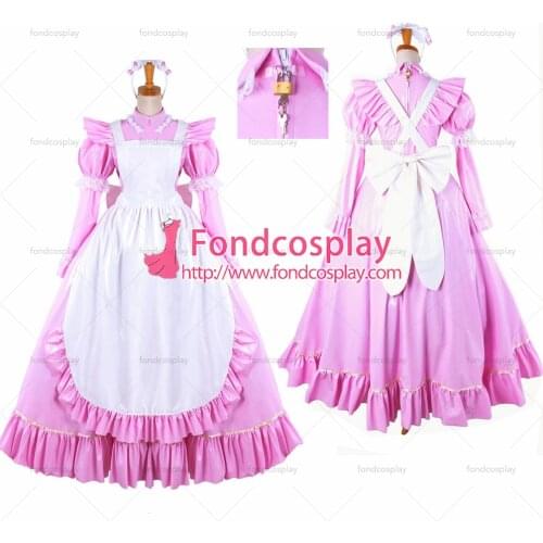 Fondcosplay adult sexy cross dressing sissy maid long pink thin PVC lockable Dress vinyl white apron Uniform Tailor-Made[G1481]