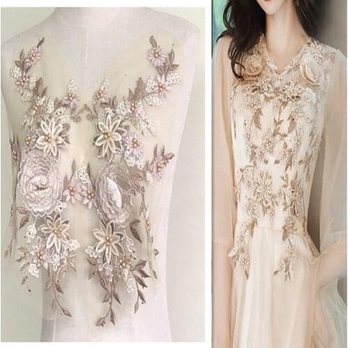 1Pcs 3D Flower Embroidery Bead Patches Large Applique Mesh Net Fabrics Sewing On Wedding Dress Clothes Cap Decoration DIY Beige