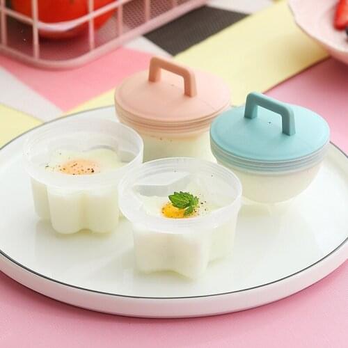 WORTHBUY 4 Pcs/Set Cute Egg Boiler Plastic Egg Poacher Set Kitchen Egg Cooker Tools Egg Mold Form With Lid Brush Pancake Maker