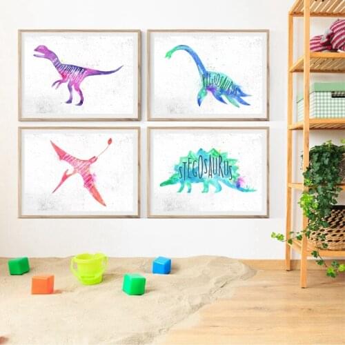 Dinosaur Watercolor Posters and Prints Wall Pictures Pterodactylus Stegosaurus Plesiosaurus Art Canvas Painting Kids Room Decor