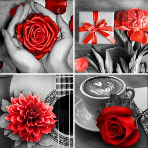 HUACAN Diamond Art Painting Coffee Diamond Embroidery Rose Mosaic Black Red Cross Stitch Wall Decoration Handmade Gift