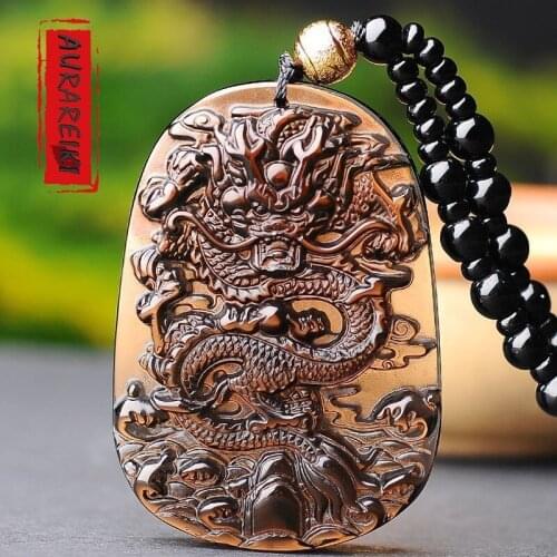AURAREIKI ICE Obsidian Chinese Dragon Pendant Natrual Obsidian Carved Pendant Necklace Amulet Obsidian Blessing Lucky Pendant