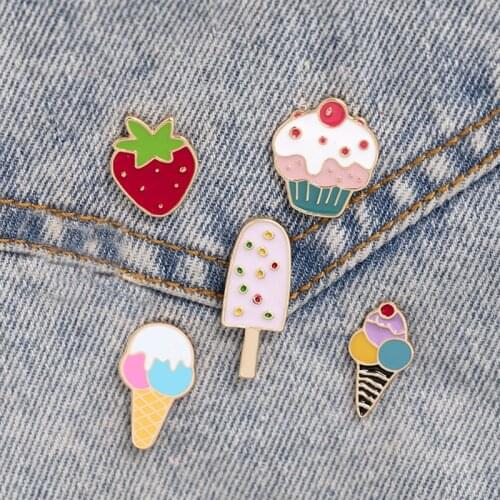 Lovely Cartoon Ice Cream Brooch Fruit Food Strawberry Cake Badge Enamel Pin Children Girl Birthday Gift Summer Jewelry Wholesale