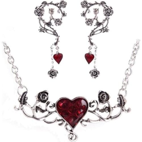 Vintage Jewelry Set Red Heart Rose Necklace Earrings Sets Punk Goth Accessories Choker Drop Earring Daily Wear Halloween Party