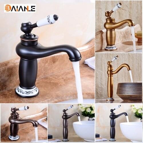 Basin Faucet Solid Brass Deck Mounted Bathroom Sink Faucet Black Brass Ceramic Single Handle Retro Style Mixer Tap