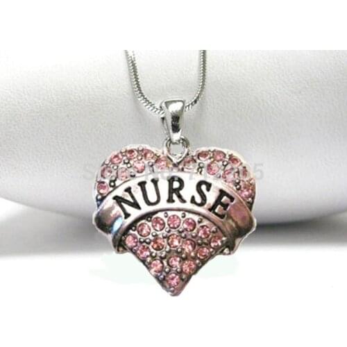 Fashion rhodium plated NURSE pink crystal heart pendant necklace(A1112)