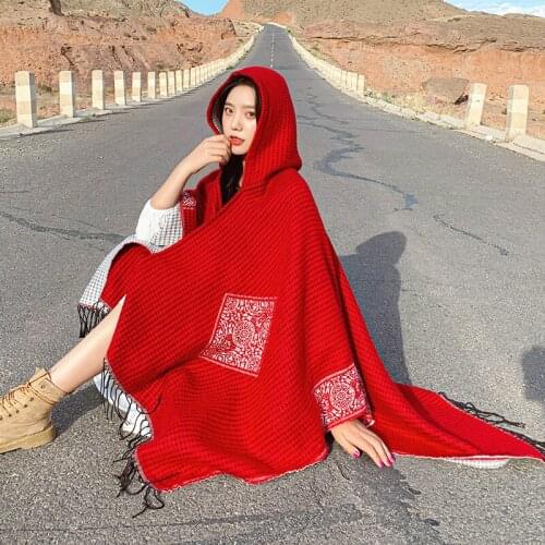 New Autumn winter hooded shawl ethnic wind dual-use warm red desert cloak women Tibet Qinghai Yunnan travel sunscreen jacket 61
