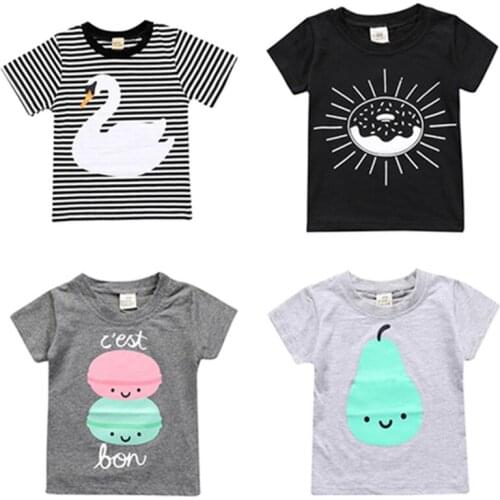 Baby Boys Girl Clothes Summer T Shirt 2021 New Children Clothing Short Sleeved Cotton Striped Swan Sun Girls T-shirts Tops