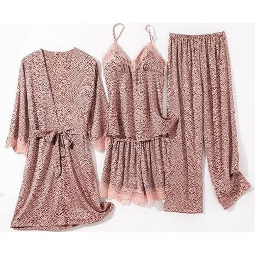 Lace Pajamas Sleep Suit Women Four Pieces Set Nightwear Sexy Robe Kimono Bathrobe Gown V-Neck Sleepwear Spring Intimate Lingerie