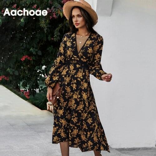 Aachoae Women Floral Print Elegant Long Dress Lace Patchwork Lady Party Dresses V Neck Lantern Sleeve Boho Beach Dress Robe