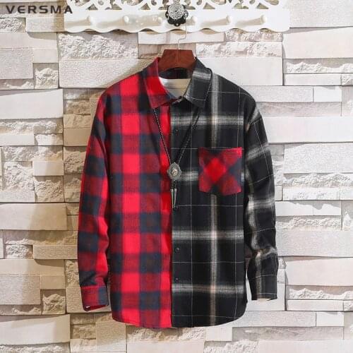 VERSMA 2018 Japanese Harajuku Vintage Plaid Patchwork Shirts Men Women Autumn High Street Hip Hop GD Oversized Couple Shirt Male