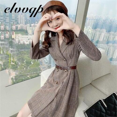 New Casual Women Plaid Office Dress Double Breasted Design Fashion Notched Slim A-line Dresses Long Sleeve Elegant Work Dress