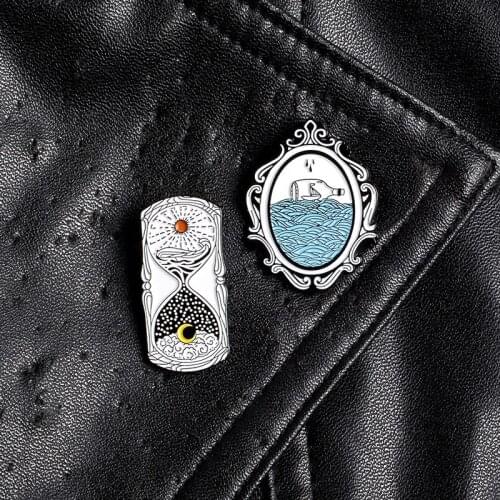 Lonely Drift Bottle Mirror Enamel Pin Day and night hourglass Lapel pins Brooches Badges for Clothes Bag Backpack Gift jewelry