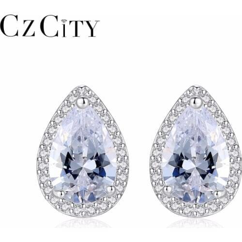 CZCITY Brand S925 Sterling Silver White/ Yellow Zircon Main Stone Wedding Stud Earrings for Women Girl Fine Engagement Jewelry