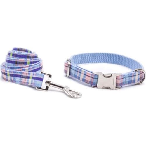 Personalized Pet Collar Custom Plaid Name ID Tag Adjustable Collars Lead Leash Set Free Engraving Dog Collars