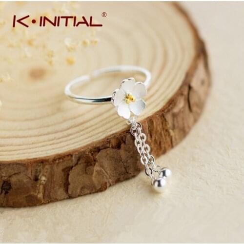 Kinitial New Arrival Cherry Flower & Tassel Bead Finger Rings for Women Fashion Opening Sweet Sakura Ring Jewelry Gift
