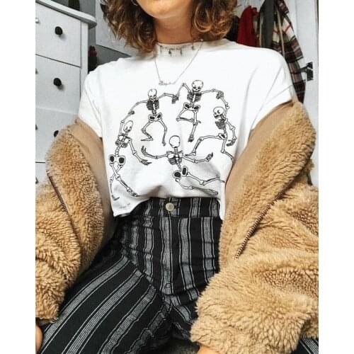 Kuakuayu HJN Women Skeleton Dance T-Shirt Tumblr Grunge Aesthetic White Tee Hipster Art Hoe Shirt