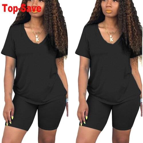 Fashion Ccasual Sportswear V Neck Short Sleeved Regular Tshirt With Straight Tight Shorts Solid Knitted 2piece Set Dropshipping