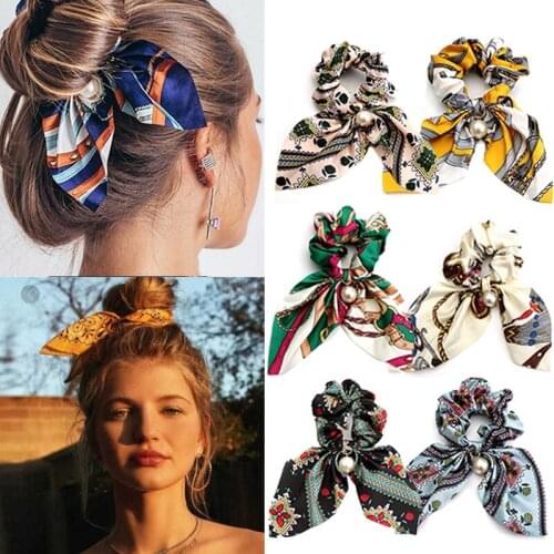 Fashion Bowknot Hair Scarf For Women Simulation Pearl Ribbon Ponytail Holder tie Elastic Hair Bands Hair Accessories Headwear