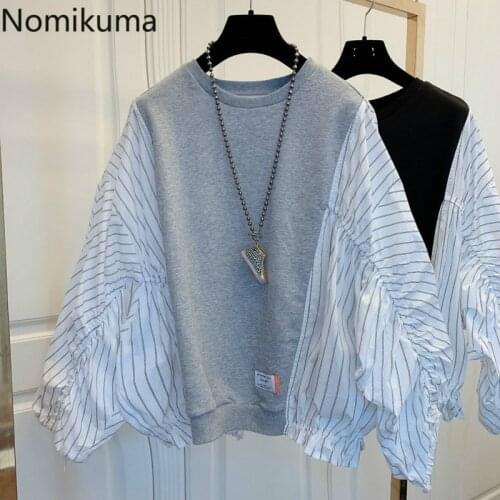 Nomikuma Korean Stripe Hit Color Patchwork Sweatshirt Causal O-neck Batwing Long Sleeve Hoodies Top 2020 New Women Jumper 6D372