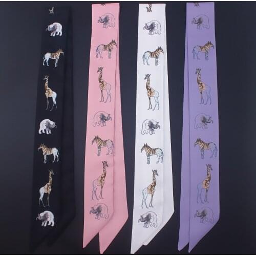 Girl New Pattern Animal Series Giraffe Elephant Print Skinny Scarf Women Luxury Brand Silk Foulard Women Tie Head Belt Ladies