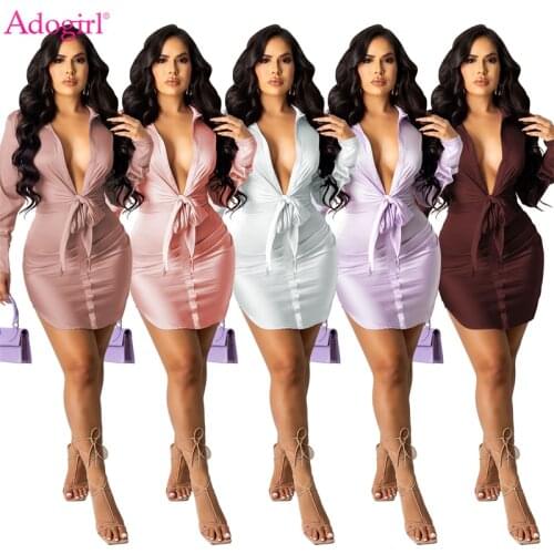 Adogirl Elegant Women Satin Long Sleeve Shirt Dress Lace Up Bow Tie Sexy V Neck Bodycon Mini Club Party Wear Business Work Blusa