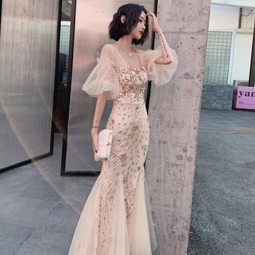 Sexy Backless Formal Evening Dresses Lace Half Sleeve Sequins Mermaid Gowns Woman Party Night Vestidos De Fiesta De Noche
