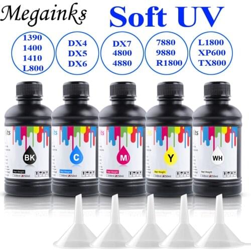 5 Bottle 250ML LED UV Ink for Epson DX4 DX5 DX6 DX7 Printhead for Roland Mimaki Mutoh for Large Flatbed Inkjet Printer Soft