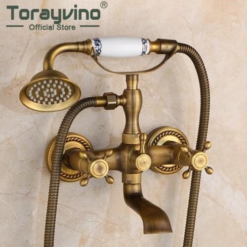 Bathtub Telephone Shape Shower Set Faucet Antique Bass Wall Mounted Bathroom Mix Tap 2 Functions Hand Shower Stream Spout