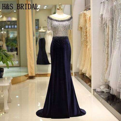 H&S BRIDAL Vintage evening dress Velvet Short Sleeve Mother evening dresses vestidos de fiesta Beaded Fromal Dress
