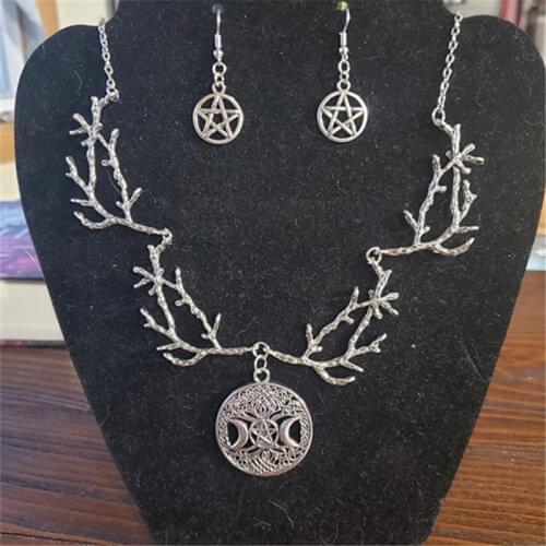 Wicca Triple Moon Tree Of Life Pentagram Trew Branch Necklace With Earring Set, Wiccan 1 pair Earring & 1pcs necklace