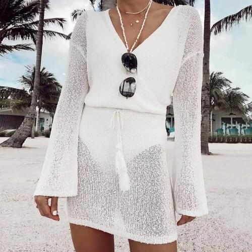 2021 New Sexy V-Neck Beach Blouse Women Bikini Cover Up Long Sleeve Beach Dress Female Swimsuit Cover Up Summer Beachwear Swim